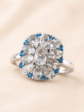Brazilian Espírito Santo Aquamarine & Neon Apatite Halo Ring Platinum Over 925